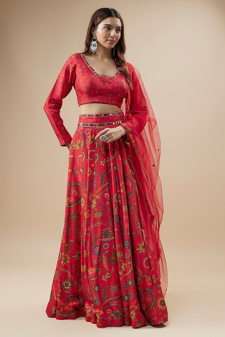 Red Dupion Silk Embroidered & Floral Printed Kalidar Lehenga Set by Drishti & Zahabia at Pernia's Pop Up Shop