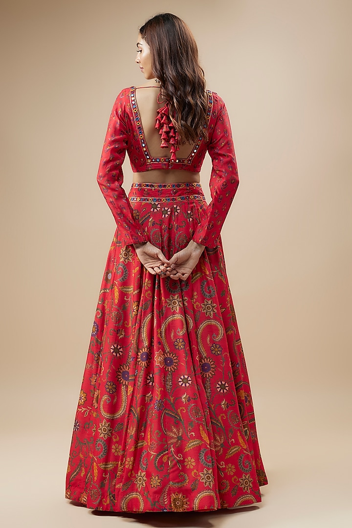 Red Dupion Silk Embroidered & Floral Printed Kalidar Lehenga Set by ...