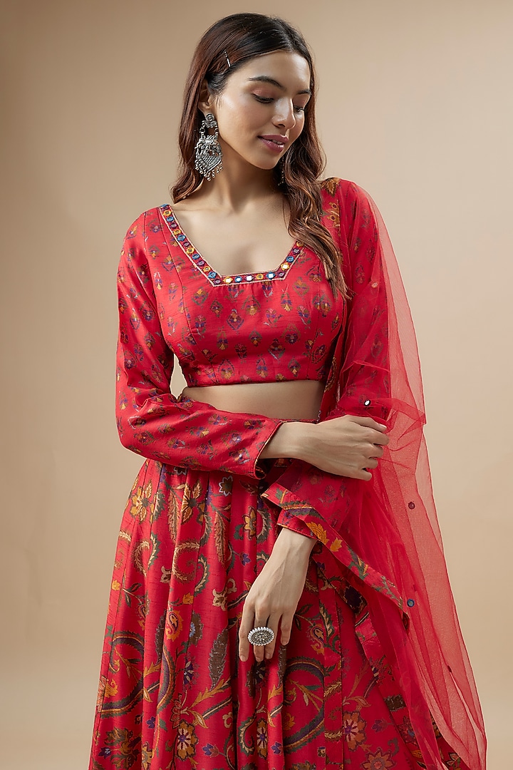 Red Dupion Silk Embroidered & Floral Printed Kalidar Lehenga Set by ...