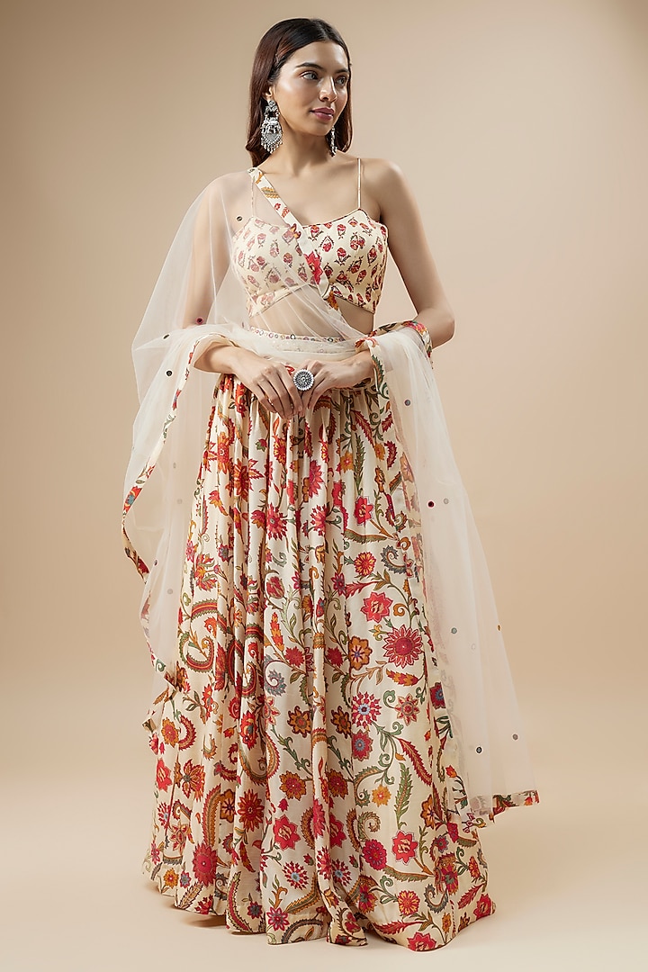 Ivory Dupion Silk Embroidered & Floral Printed Lehenga Set by Drishti & Zahabia at Pernia's Pop Up Shop