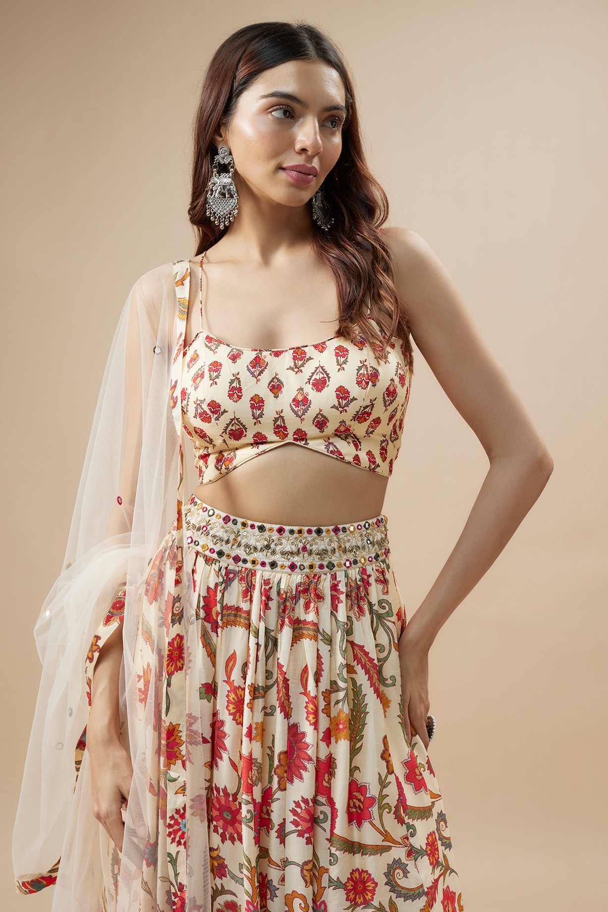 Ivory Dupion Silk Embroidered & Floral Printed Lehenga Set by Drishti ...