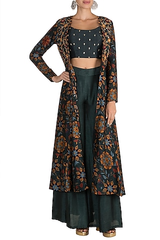 Bottle Green Printed Jacket With Embroidered Crop Top & Palazzo Pants by Drishti & Zahabia