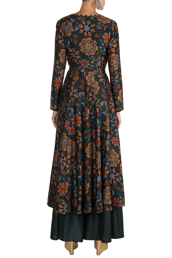 Bottle Green Printed Jacket With Embroidered Crop Top & Palazzo Pants by Drishti & Zahabia at Pernia's Pop Up Shop