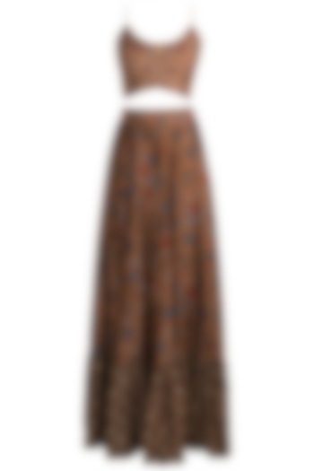 Brown Printed Skirt With Embroidered Strappy Blouse by Drishti & Zahabia