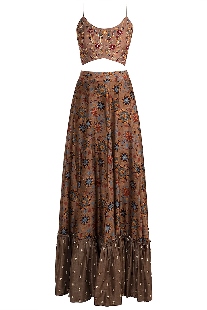 Brown Printed Skirt With Embroidered Strappy Blouse by Drishti & Zahabia