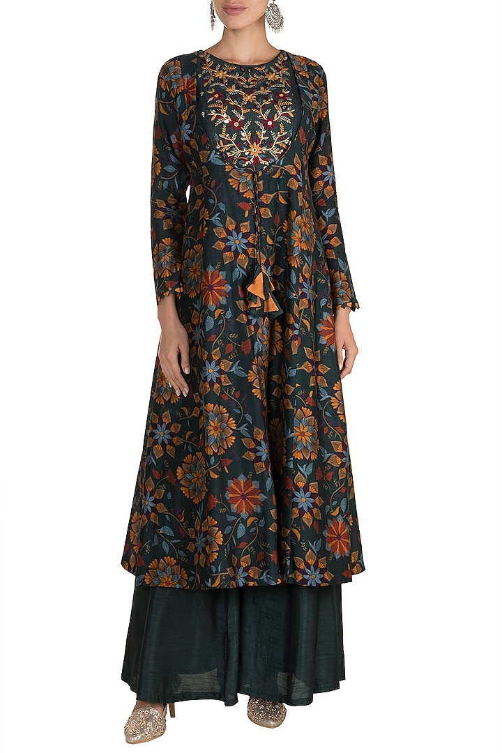 Bottle Green Embroidered & Printed Tunic With Palazzo Pants by Drishti & Zahabia at Pernia's Pop Up Shop