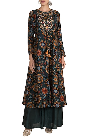 Bottle Green Embroidered & Printed Tunic With Palazzo Pants by Drishti & Zahabia
