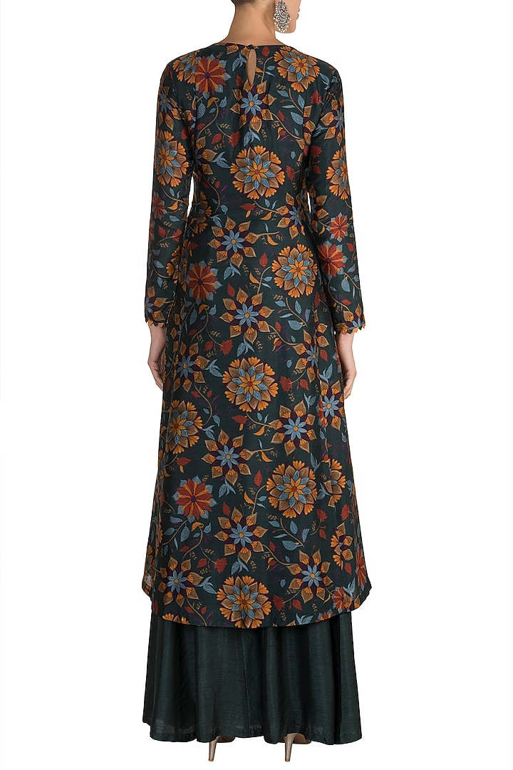 Bottle Green Embroidered & Printed Tunic With Palazzo Pants by Drishti & Zahabia at Pernia's Pop Up Shop