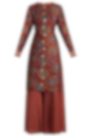 Maroon Embroidered & Printed Kurta With Palazzo Pants by Drishti & Zahabia at Pernia's Pop Up Shop