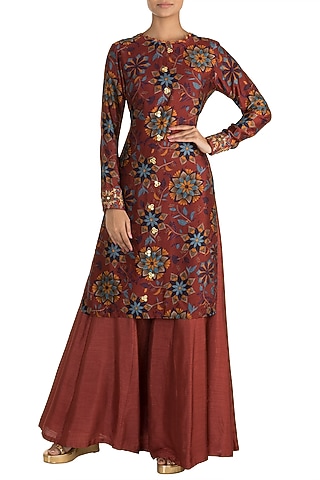 Maroon Embroidered & Printed Kurta With Palazzo Pants by Drishti & Zahabia