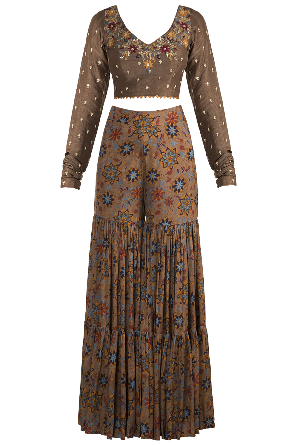 Brown Embroidered Crop Top With Printed Sharara Pants by Drishti & Zahabia