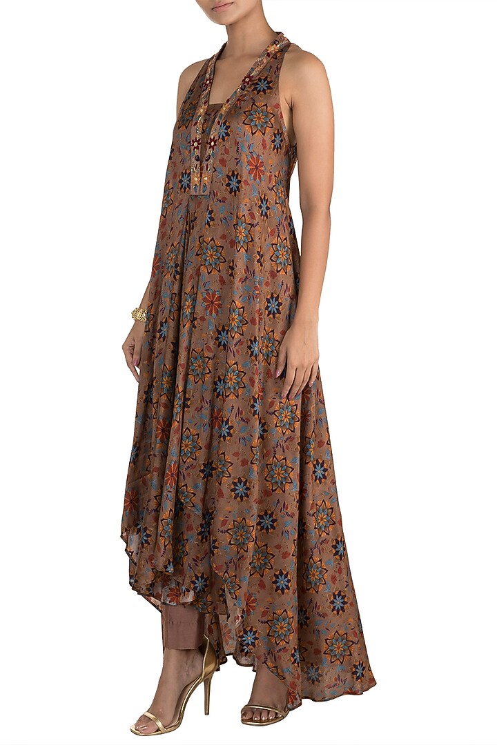 Brown Embroidered & Printed Tunic With Pants by Drishti & Zahabia at Pernia's Pop Up Shop