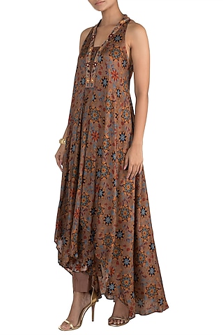 Brown Embroidered & Printed Tunic With Pants by Drishti & Zahabia