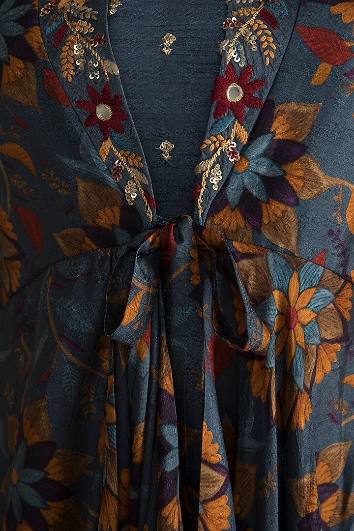 Grey Printed Flared Jacket With Embroidered Crop Top & Pants by Drishti & Zahabia at Pernia's Pop Up Shop
