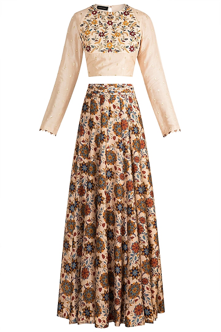 Off White Embroidered Blouse With Printed Kali Skirt by Drishti & Zahabia