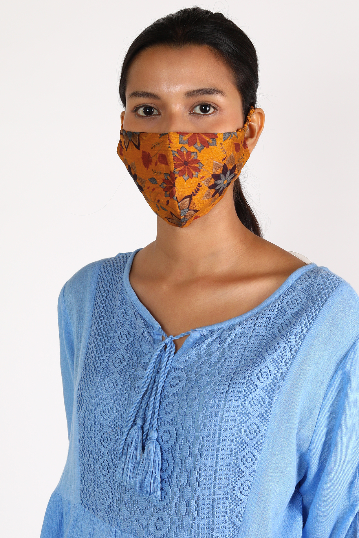 Yellow Printed Reusable Mask by Drishti & Zahabia at Pernia's Pop Up Shop