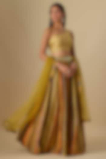 Lime Green Dupion Silk Digital Printed & Hand Embroidered Lehenga Set by Drishti & Zahabia at Pernia's Pop Up Shop