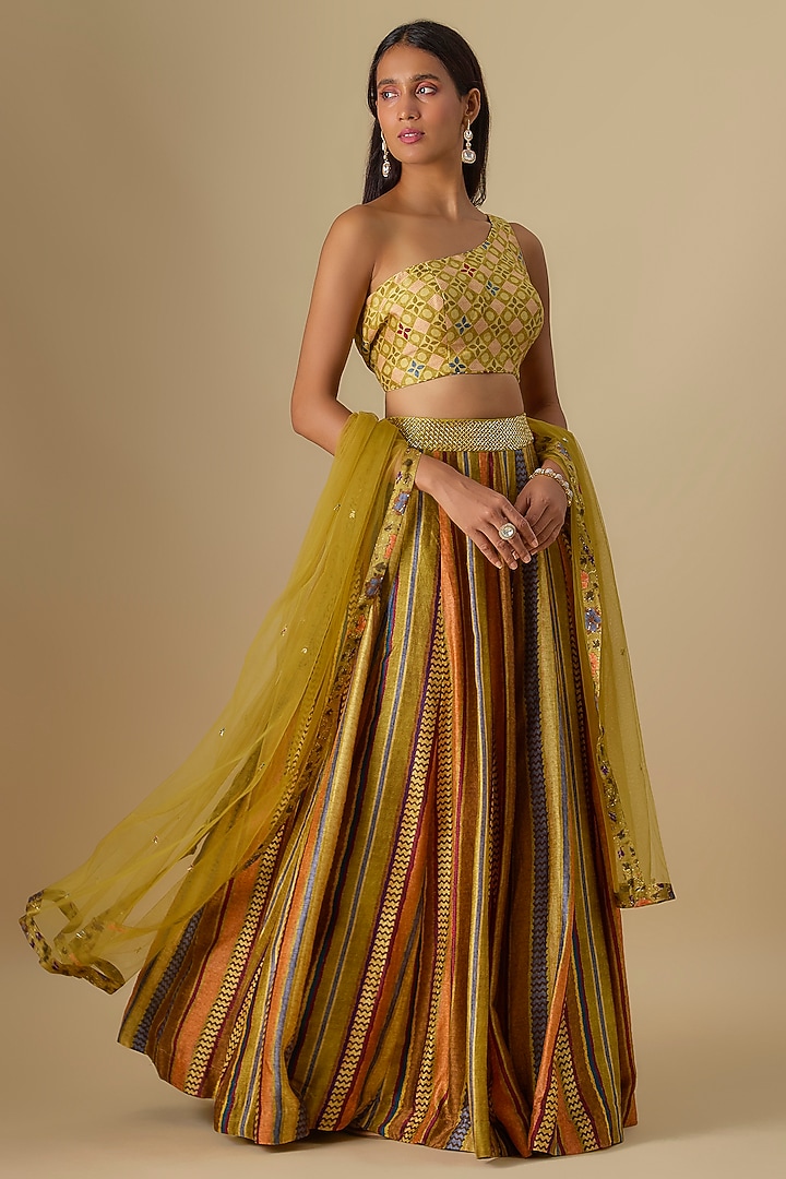 Lime Green Dupion Silk Digital Printed & Hand Embroidered Lehenga Set by Drishti & Zahabia at Pernia's Pop Up Shop