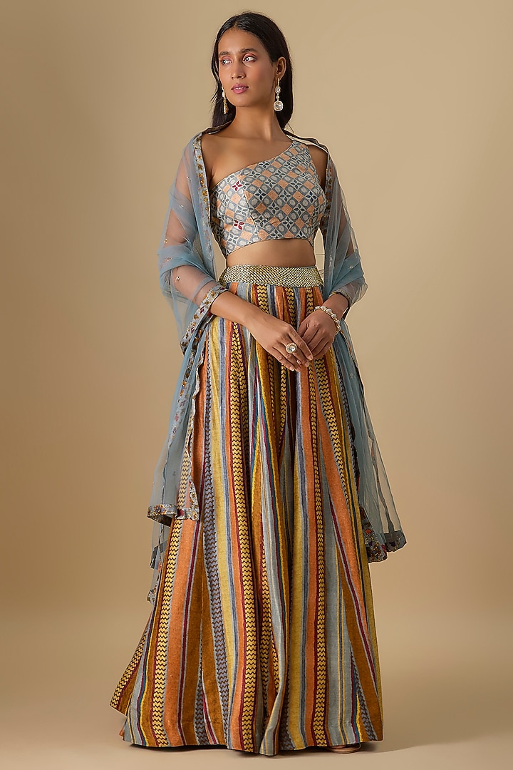 Powder Blue Dupion Silk Digital Printed & Hand Embroidered Lehenga Set by Drishti & Zahabia at Pernia's Pop Up Shop