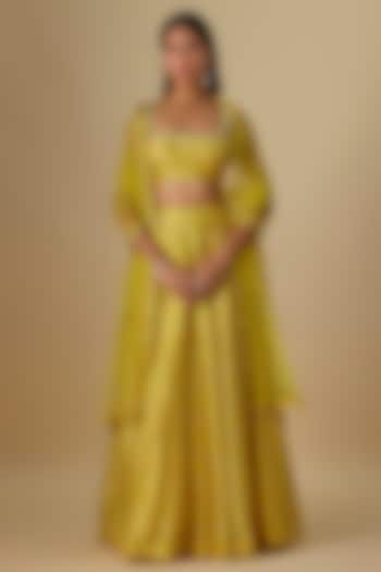 Yellow Dupion Silk Digital Printed Lehenga Set by Drishti & Zahabia at Pernia's Pop Up Shop