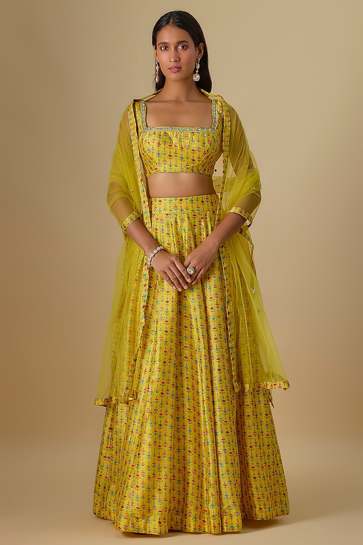 Yellow Dupion Silk Digital Printed Lehenga Set by Drishti & Zahabia at Pernia's Pop Up Shop