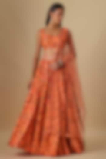Peach Dupion Silk Digital Printed & Hand Embroidered Lehenga Set by Drishti & Zahabia at Pernia's Pop Up Shop
