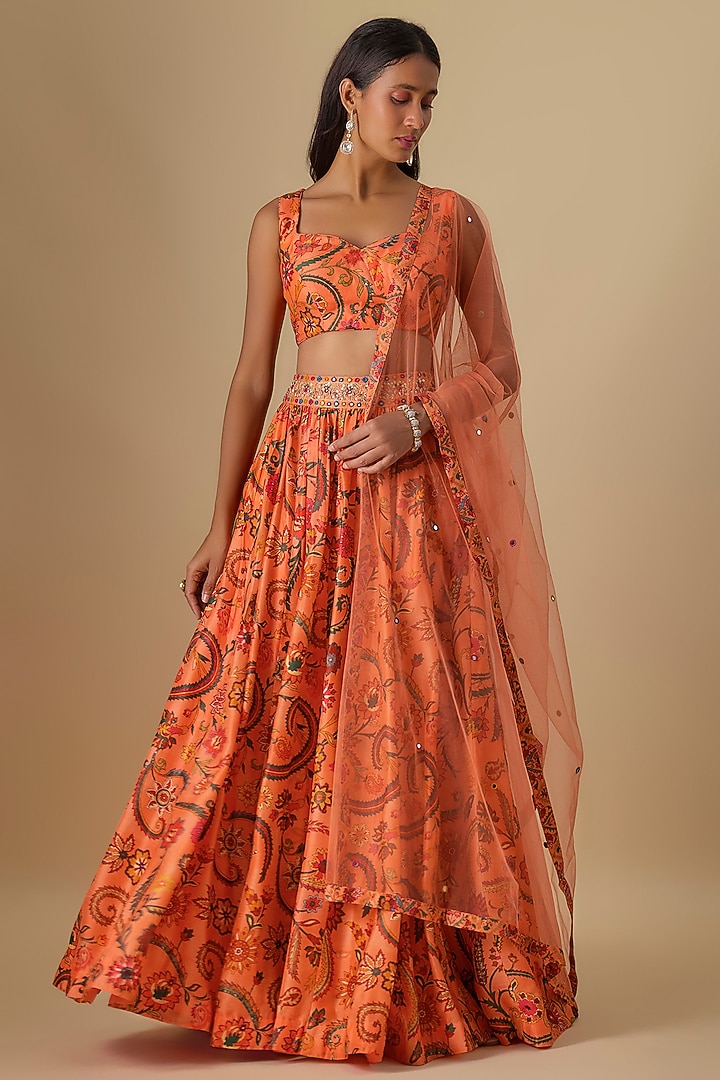 Peach Dupion Silk Digital Printed & Hand Embroidered Lehenga Set by Drishti & Zahabia at Pernia's Pop Up Shop