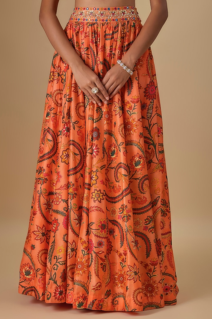 Peach Dupion Silk Digital Printed & Hand Embroidered Lehenga Set by Drishti & Zahabia at Pernia's Pop Up Shop