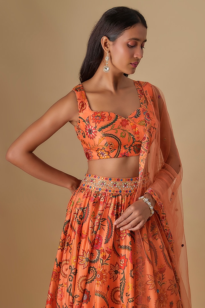 Peach Dupion Silk Digital Printed & Hand Embroidered Lehenga Set by Drishti & Zahabia at Pernia's Pop Up Shop