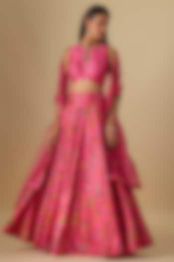 Fuchsia Dupion Silk Digital Printed Lehenga Set by Drishti & Zahabia at Pernia's Pop Up Shop
