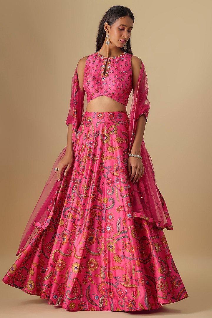 Fuchsia Dupion Silk Digital Printed Lehenga Set by Drishti & Zahabia at Pernia's Pop Up Shop