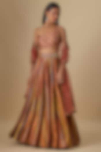 Brick-Colored Dupion Silk Digital Printed & Hand Embroidered Lehenga Set by Drishti & Zahabia at Pernia's Pop Up Shop