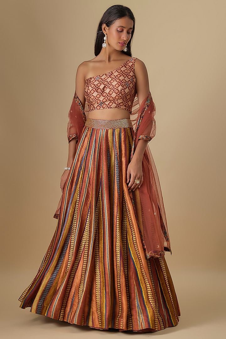 Brick-Colored Dupion Silk Digital Printed & Hand Embroidered Lehenga Set by Drishti & Zahabia at Pernia's Pop Up Shop