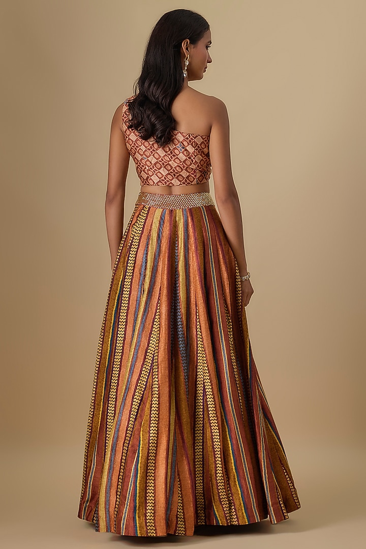 Brick-Colored Dupion Silk Digital Printed & Hand Embroidered Lehenga Set by Drishti & Zahabia at Pernia's Pop Up Shop