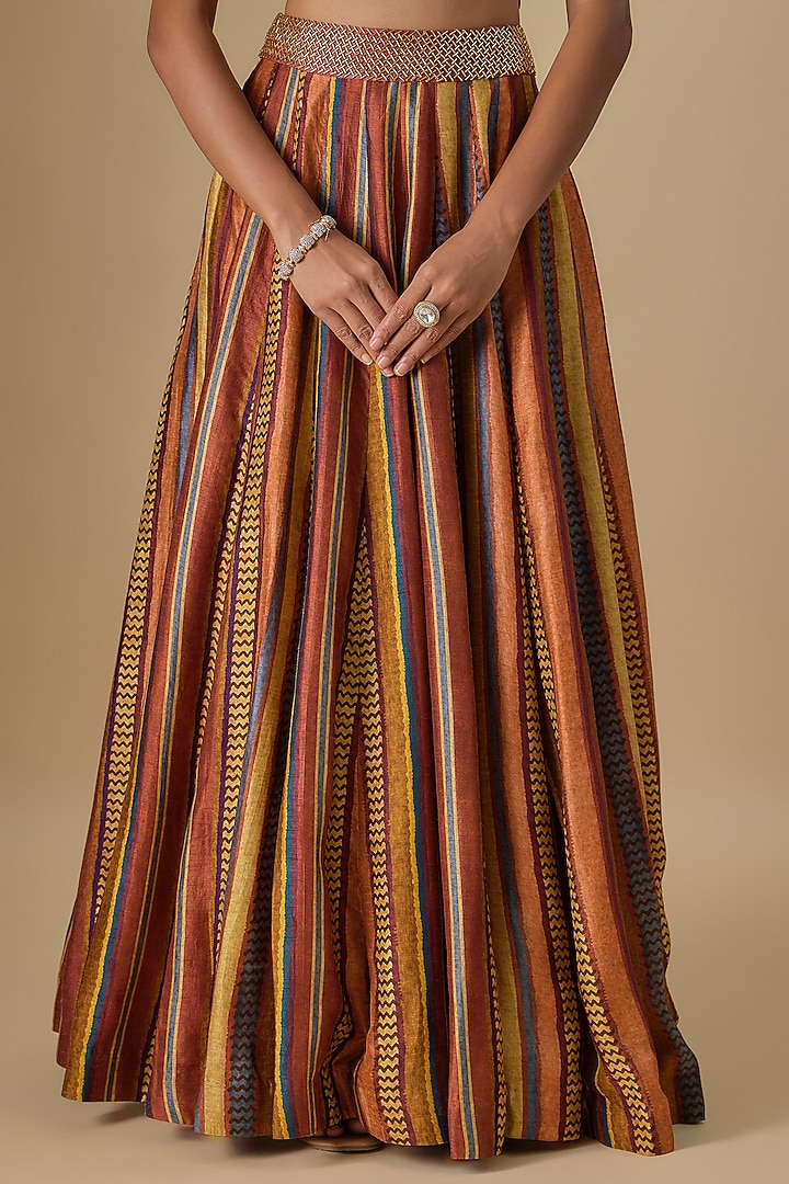 Brick-Colored Dupion Silk Digital Printed & Hand Embroidered Lehenga Set by Drishti & Zahabia at Pernia's Pop Up Shop