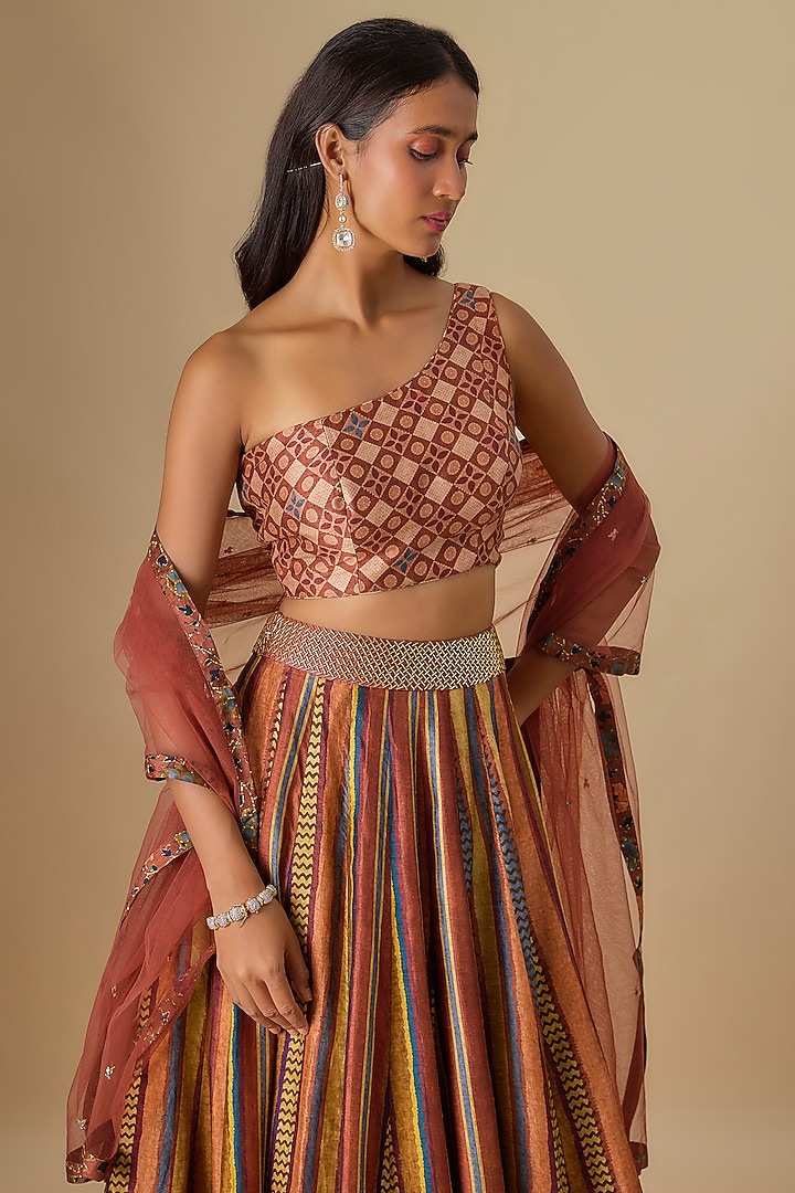 Brick-Colored Dupion Silk Digital Printed & Hand Embroidered Lehenga Set by Drishti & Zahabia at Pernia's Pop Up Shop