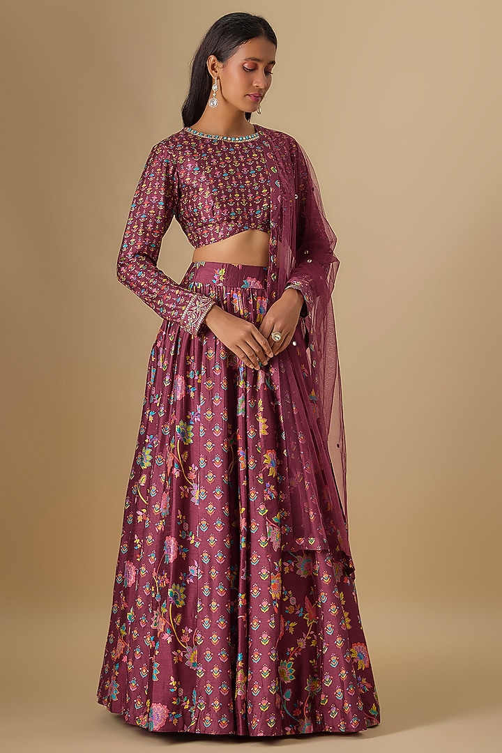 Plum Dupion Silk Digital Printed & Hand Embroidered Lehenga Set by Drishti & Zahabia at Pernia's Pop Up Shop