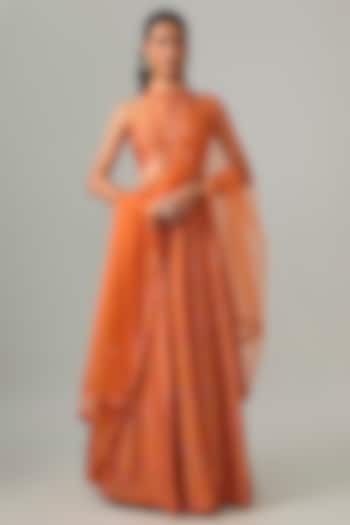 Tangerine Dupion Silk Mirror & Zari Embroidered Lehenga Set by Drishti & Zahabia at Pernia's Pop Up Shop