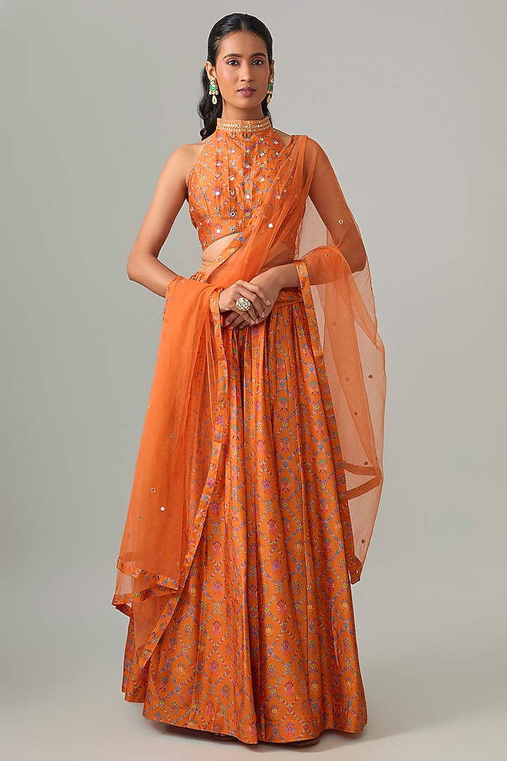 Tangerine Dupion Silk Mirror & Zari Embroidered Lehenga Set by Drishti & Zahabia at Pernia's Pop Up Shop