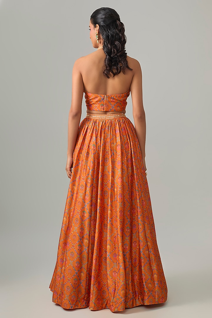 Tangerine Dupion Silk Mirror & Zari Embroidered Lehenga Set by Drishti & Zahabia at Pernia's Pop Up Shop