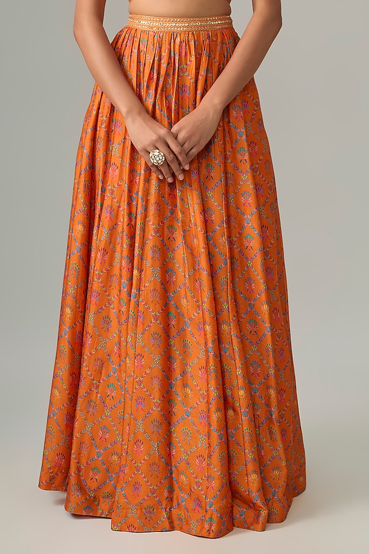 Tangerine Dupion Silk Mirror & Zari Embroidered Lehenga Set by Drishti & Zahabia at Pernia's Pop Up Shop