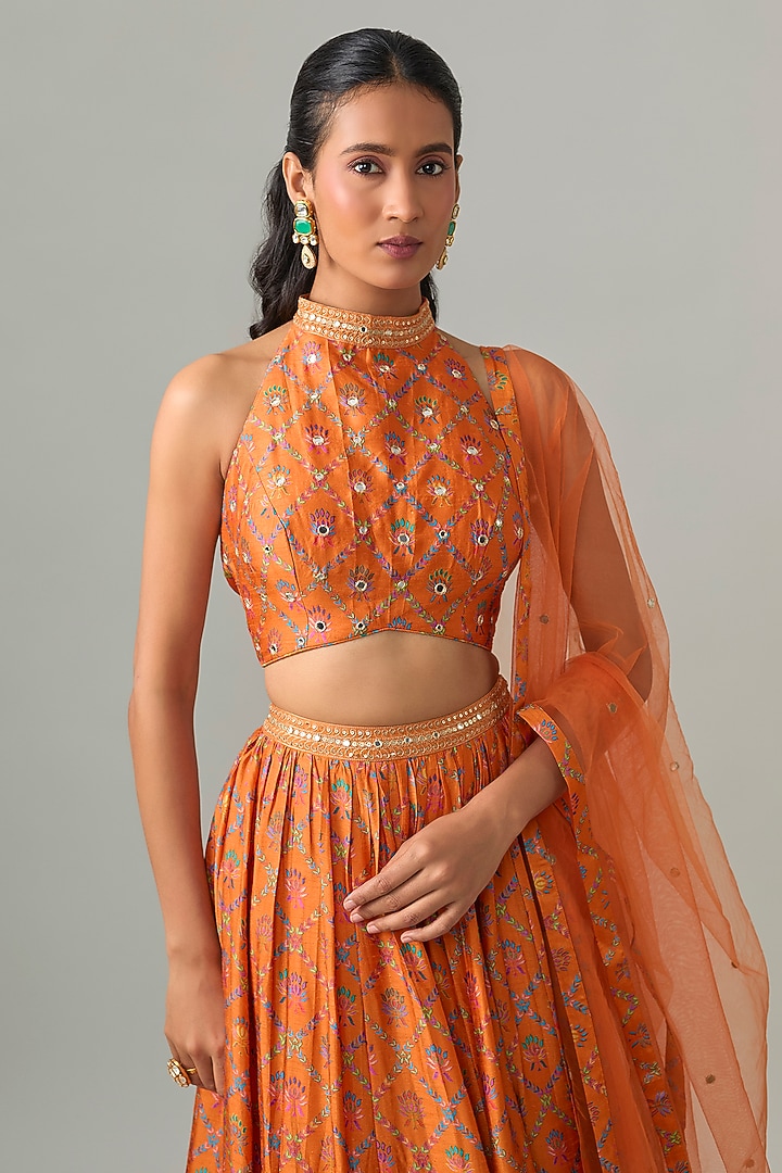 Tangerine Dupion Silk Mirror & Zari Embroidered Lehenga Set by Drishti & Zahabia at Pernia's Pop Up Shop