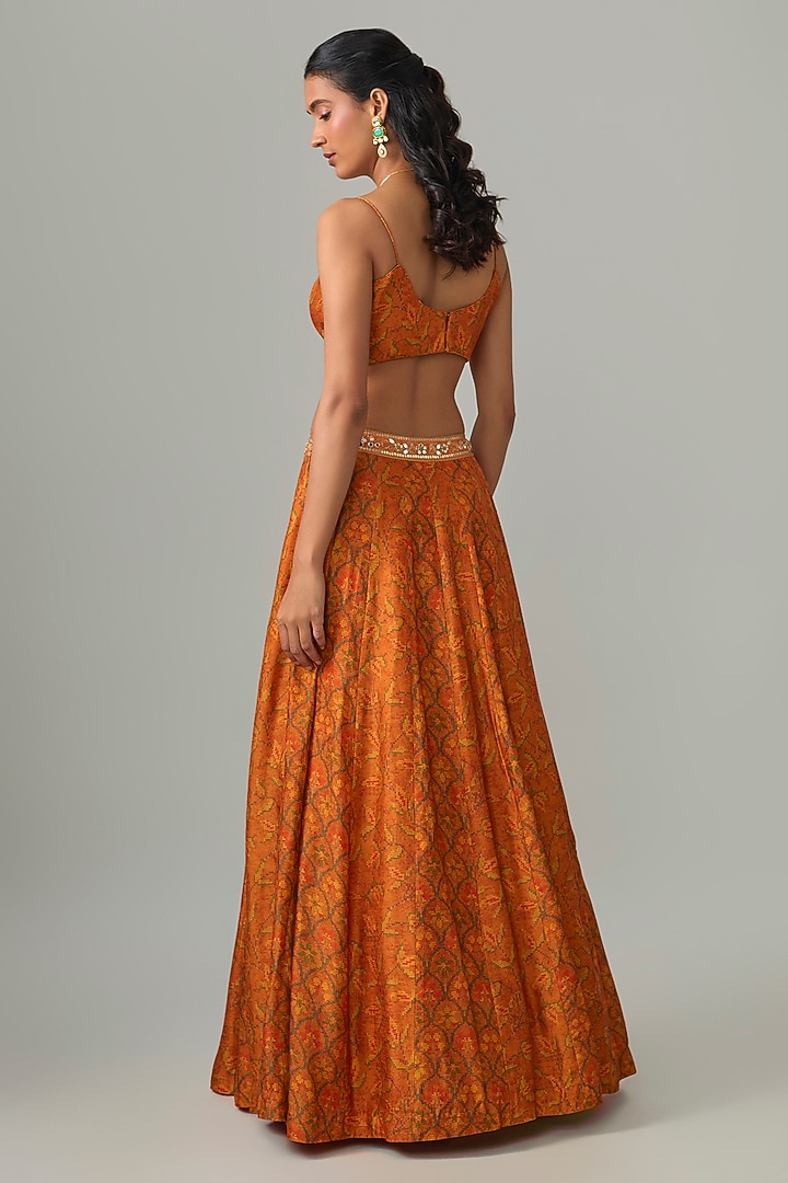 Rust Orange Dupion Silk Mirror & Zari Embroidered Lehenga Set by Drishti & Zahabia at Pernia's Pop Up Shop