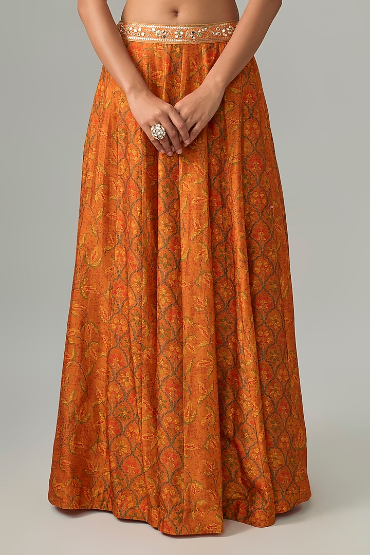 Rust Orange Dupion Silk Mirror & Zari Embroidered Lehenga Set by Drishti & Zahabia at Pernia's Pop Up Shop