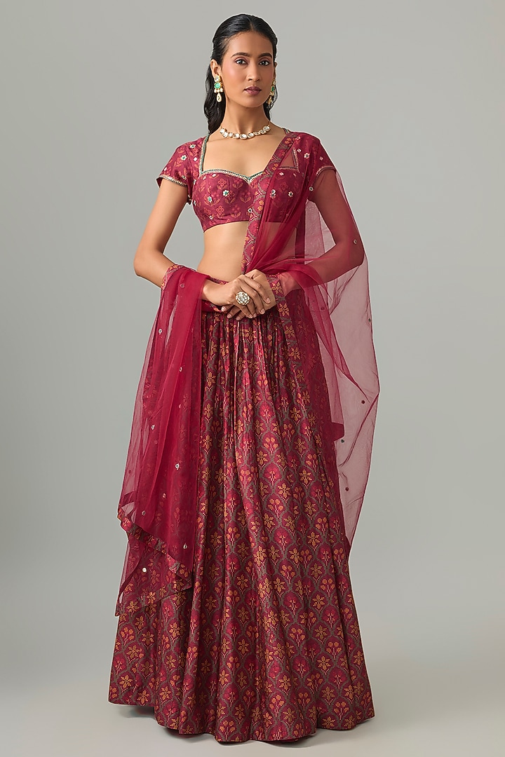 Plum Dupion Silk Mirror & Zari Embroidered Lehenga Set by Drishti & Zahabia at Pernia's Pop Up Shop