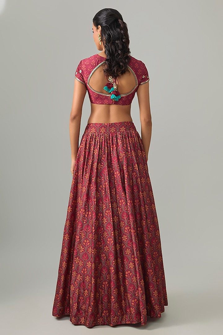 Plum Dupion Silk Mirror & Zari Embroidered Lehenga Set by Drishti & Zahabia at Pernia's Pop Up Shop