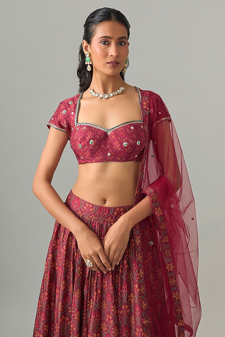 Plum Dupion Silk Mirror & Zari Embroidered Lehenga Set by Drishti & Zahabia at Pernia's Pop Up Shop