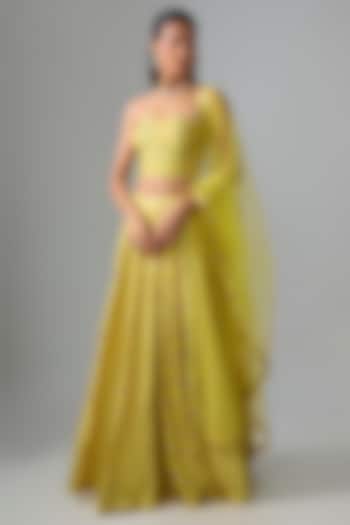 Yellow Dupion Silk Mirror & Zari Embroidered Lehenga Set by Drishti & Zahabia at Pernia's Pop Up Shop