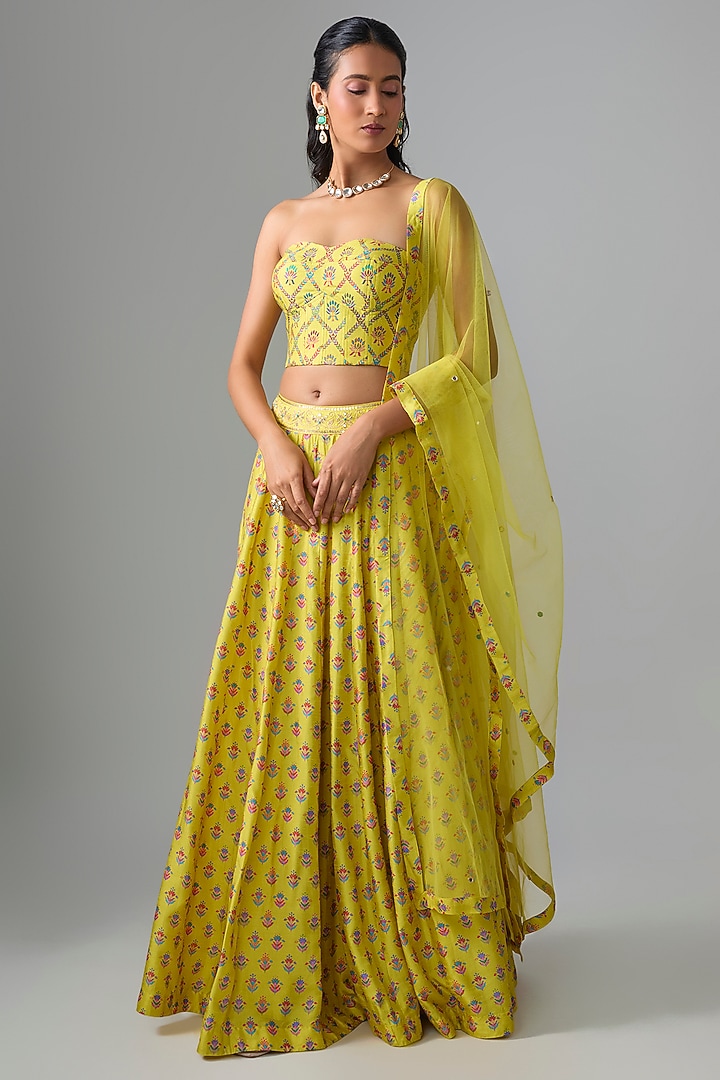 Yellow Dupion Silk Mirror & Zari Embroidered Lehenga Set by Drishti & Zahabia at Pernia's Pop Up Shop