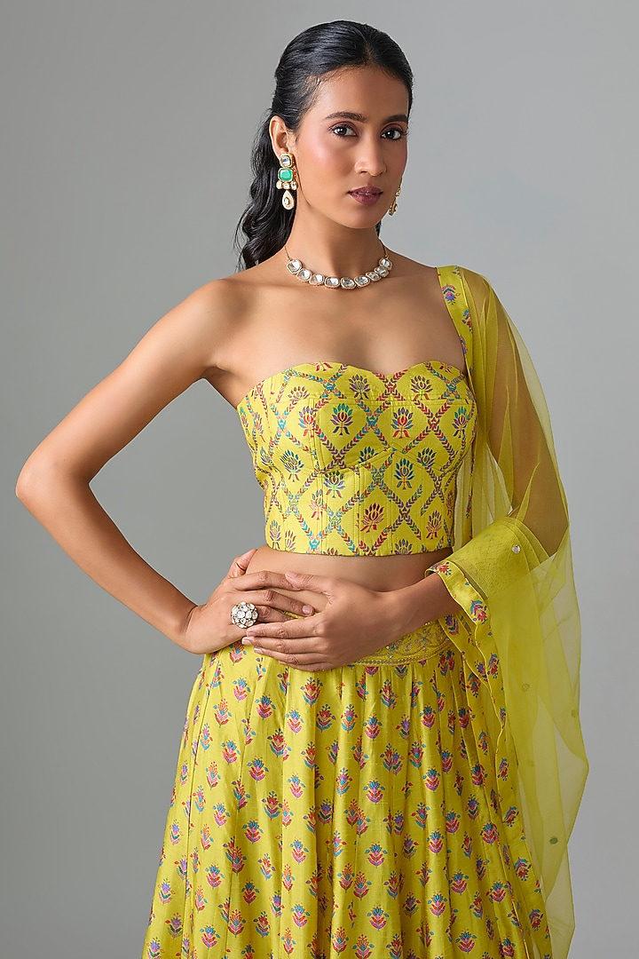 Yellow Dupion Silk Mirror & Zari Embroidered Lehenga Set by Drishti & Zahabia at Pernia's Pop Up Shop